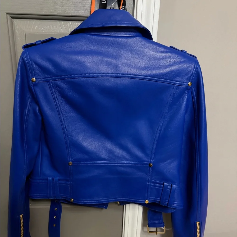 Balmain Royal Blue Leather Jacket with Gold Details - Picture 3 of 8
